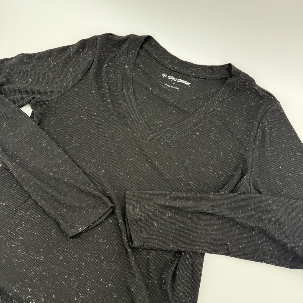 Harley-Davidson Womens Black Ribbed V-Neck Long Sleeve Top 96461-23VW Small